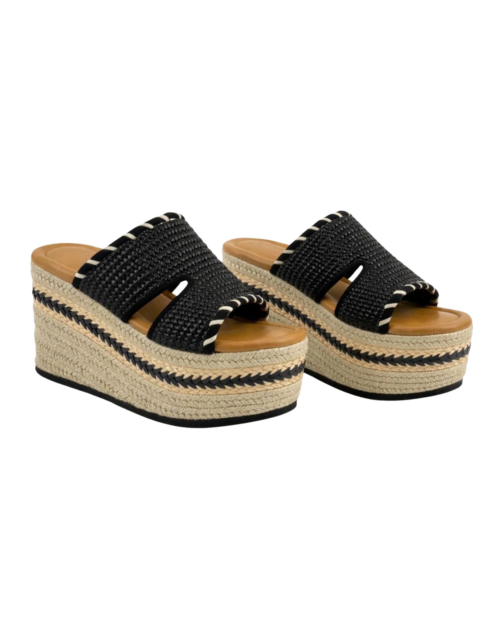 Chinelo de plataforma em ráfia com detalhes em dois tons - PRETO - Nkn Nekane